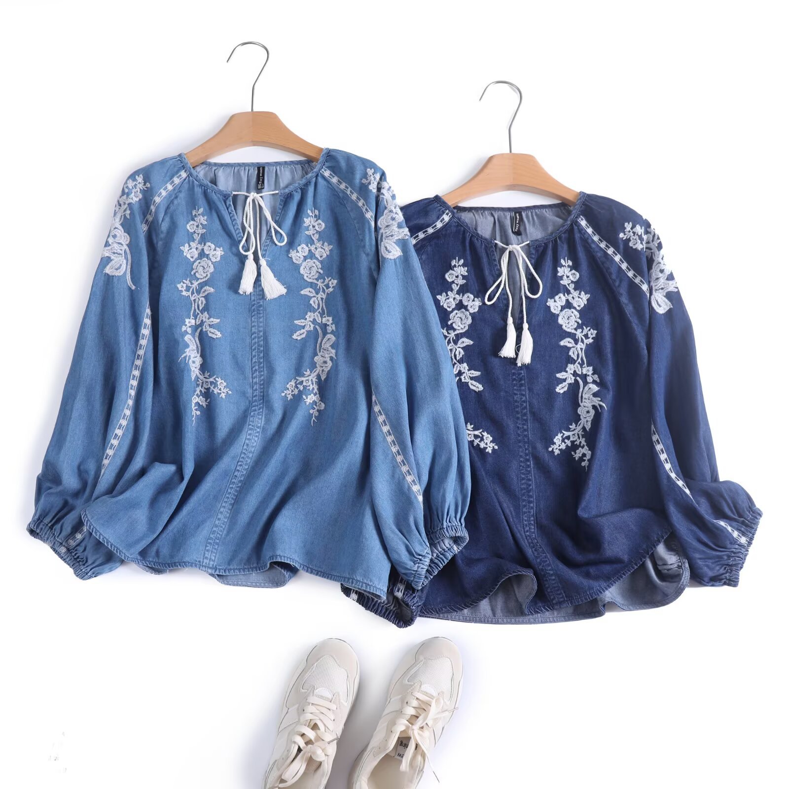 Tassel Fringe Trim - 여성 데님 블라우스 탑 플라워 자수