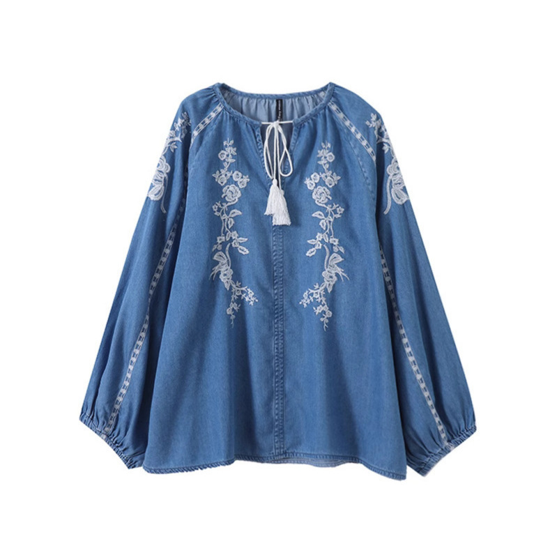 여성 데님 블라우스 탑 플라워 자수 랜턴 슬리브 라운드 - Tassel Fringe Trim 리뷰 및 가격