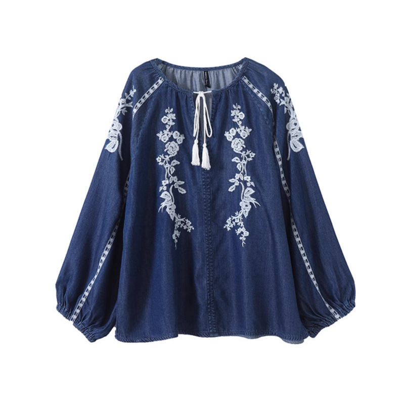 여성 데님 블라우스 탑 플라워 자수 랜턴 슬리브 라운드 - Tassel Fringe Trim 리뷰 및 가격