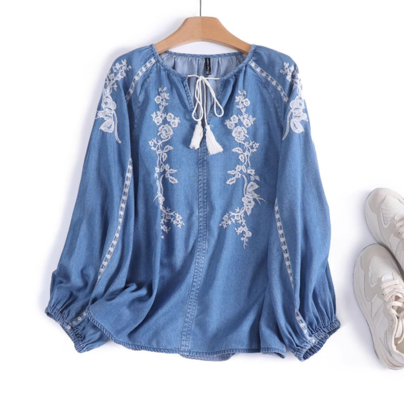 여성 데님 블라우스 탑 플라워 자수 랜턴 슬리브 라운드 - Tassel Fringe Trim 리뷰 및 가격