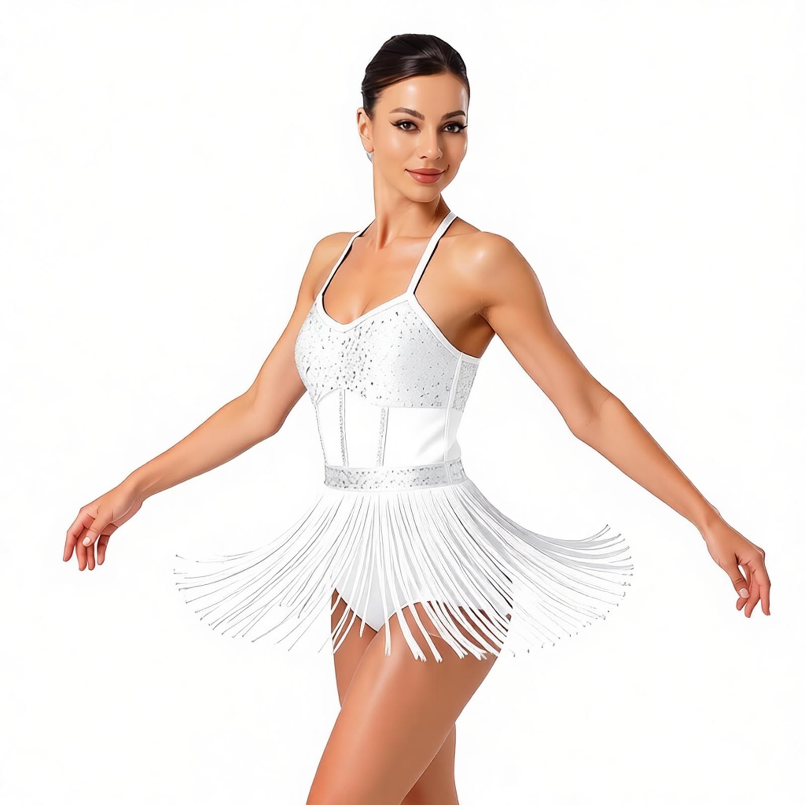 여성 태슬 라틴 댄스 레오타드 드레스 시스루 메쉬 라인 - Rhinestone Banding Trim 리뷰 및 가격
