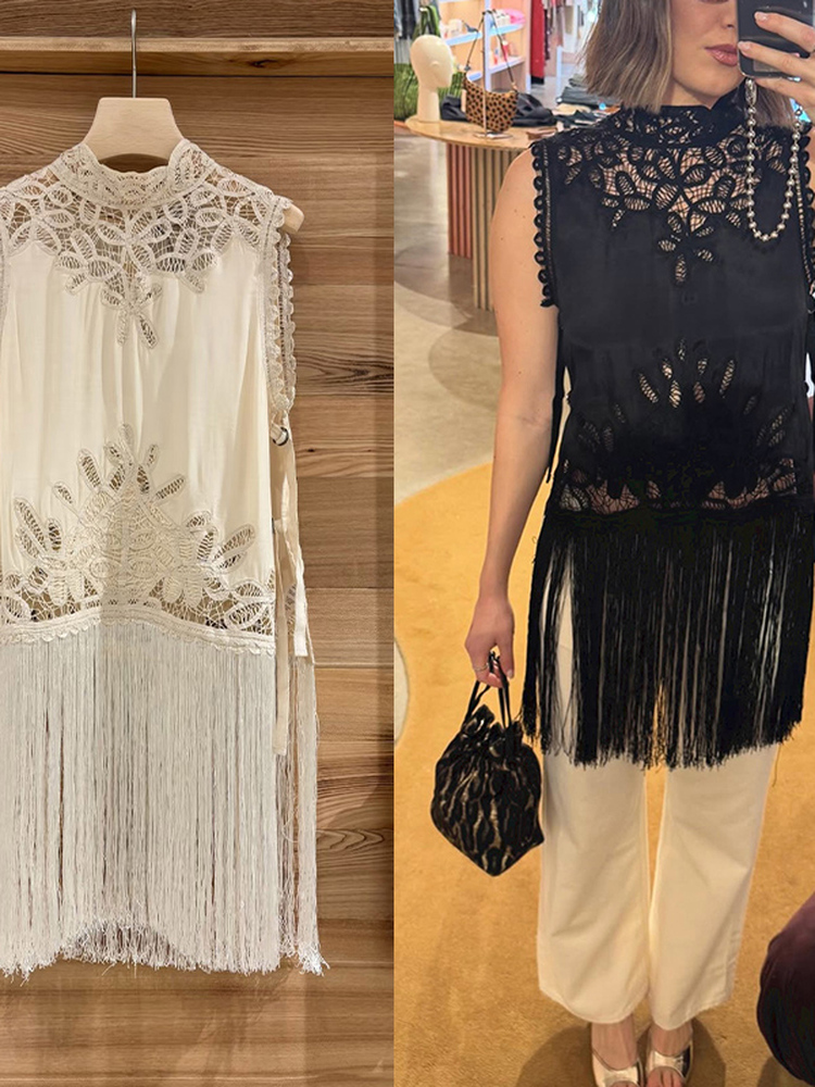 프렌치 스타일 매듭 속이 비치는 민소매 스탠드 칼라 여 - Tassel Fringe Trim 리뷰 및 가격
